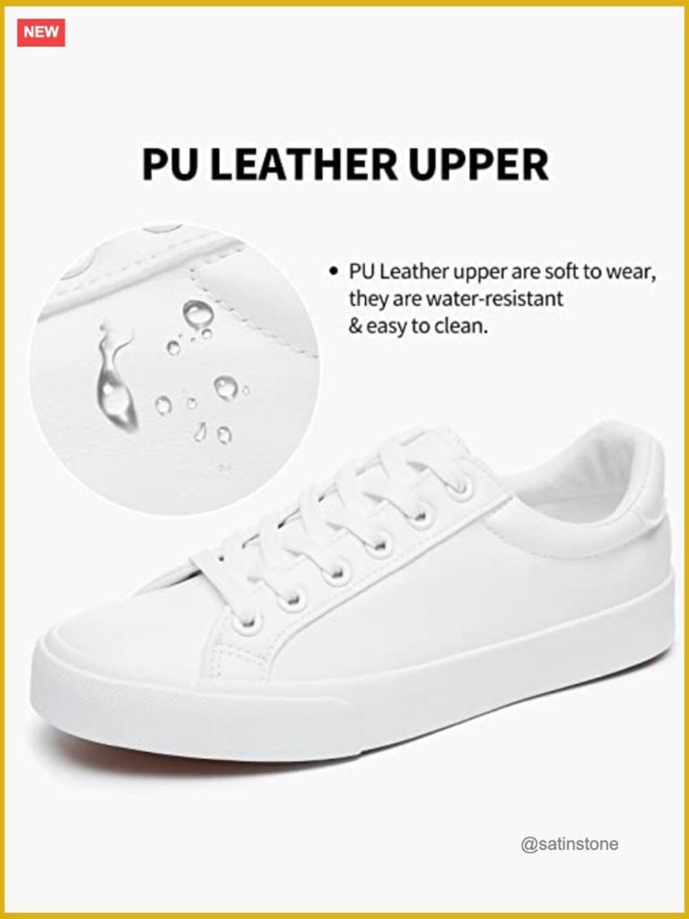 White PU Leather Sneakers Casual Walking Shoes Lace-Up Water-Resistant - Picture 2 of 6